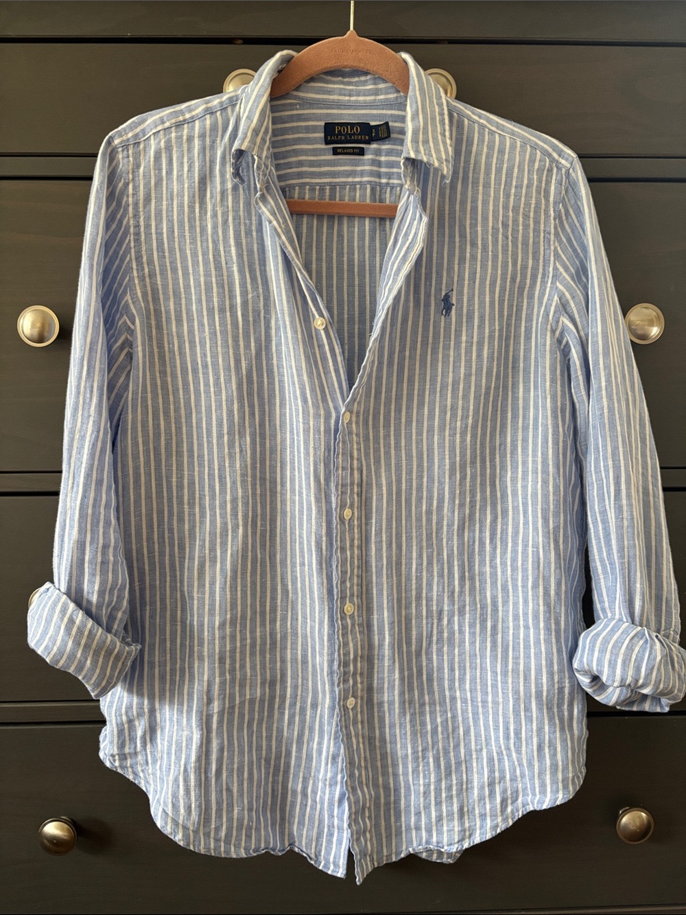 Ralph Lauren Light Blue & White Striped 100% Linen Button-Down Shirt